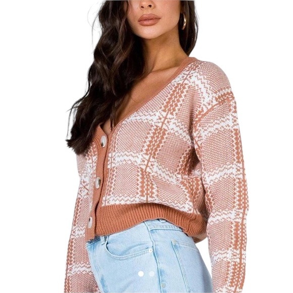 Princess Polly Sweaters - Princess Polly Pink Check Cropped Cardigan size M/L